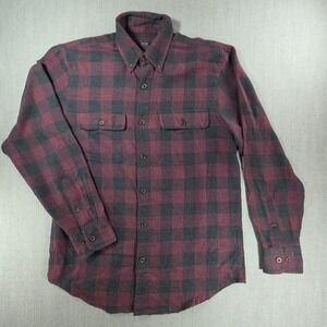 Arrow Flannel Shirt Mens Small Burgundy Black Buffalo Plaid Button Down